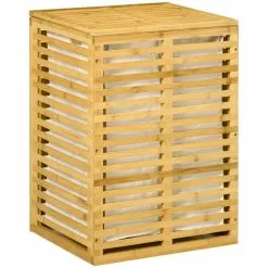 HOMCOM Panier à Linge Corbeille à Linge Bac à Linge Bambou Couvercle Sac Amovible Polyester Beige