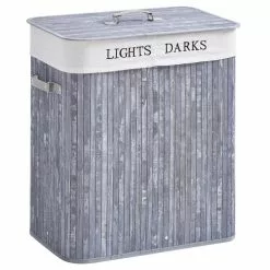 HOMCOM Panier à Linge Corbeille à Linge 2 Bacs Bambou Pliable Couvercle Poignée Sac Amovible En Toile Gris