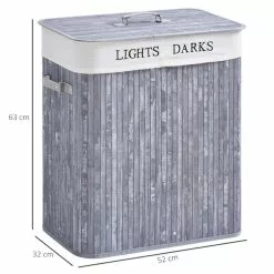 HOMCOM Panier à Linge Corbeille à Linge 2 Bacs Bambou Pliable Couvercle Poignée Sac Amovible En Toile Gris -Meuble Soldes B2CD 1135