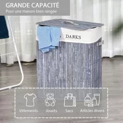 HOMCOM Panier à Linge Corbeille à Linge 2 Bacs Bambou Pliable Couvercle Poignée Sac Amovible En Toile Gris -Meuble Soldes B2CD 1136