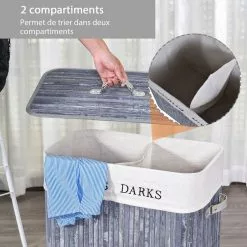 HOMCOM Panier à Linge Corbeille à Linge 2 Bacs Bambou Pliable Couvercle Poignée Sac Amovible En Toile Gris -Meuble Soldes B2CD 1137