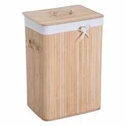 HOMCOM Panier à Linge Corbeille à Linge Bac à Linge Bambou Pliable Couvercle Sac Amovible 3 Poignées PU 40L X 30l X 60H Cm Beige