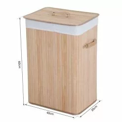 HOMCOM Panier à Linge Corbeille à Linge Bac à Linge Bambou Pliable Couvercle Sac Amovible 3 Poignées PU 40L X 30l X 60H Cm Beige -Meuble Soldes B2CD 1156