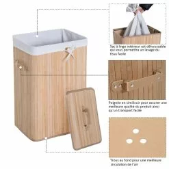 HOMCOM Panier à Linge Corbeille à Linge Bac à Linge Bambou Pliable Couvercle Sac Amovible 3 Poignées PU 40L X 30l X 60H Cm Beige -Meuble Soldes B2CD 1157
