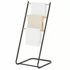 Meuble Soldes 5 IDIMEX Porte-serviettes Sur Pied FLAVIA échelle à 3 Portants Pour Linge De Salle De Bain, Structure En Métal Noir Et Imprimé Bois