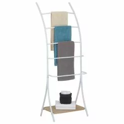 IDIMEX Porte-serviettes Sur Pied EDY Portant Pour Linge De Salles De Bain Avec 5 Barres En Métal Laqué Blanc, 1 étagère En MDF Chêne Sonoma