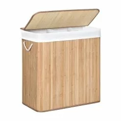 CALICOSY Panier à Linge En Bambou 3 Compartiments Avec Couvercle Et Poignées, 150L - L60 X H61,5 Cm