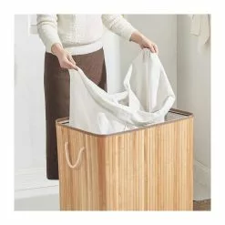 CALICOSY Panier à Linge En Bambou 3 Compartiments Avec Couvercle Et Poignées, 150L - L60 X H61,5 Cm -Meuble Soldes B2CD 680