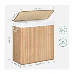 CALICOSY Panier à Linge En Bambou 3 Compartiments Avec Couvercle Et Poignées, 150L - L60 X H61,5 Cm -Meuble Soldes B2CD 681
