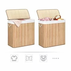 CALICOSY Panier à Linge En Bambou 3 Compartiments Avec Couvercle Et Poignées, 150L - L60 X H61,5 Cm -Meuble Soldes B2CD 683